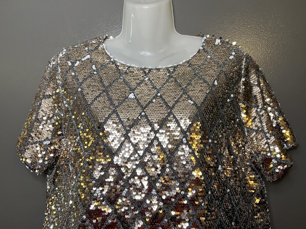 Mi Ami Blouse Womens Medium Gold Sequin Argyle Cropped Top Party Holiday